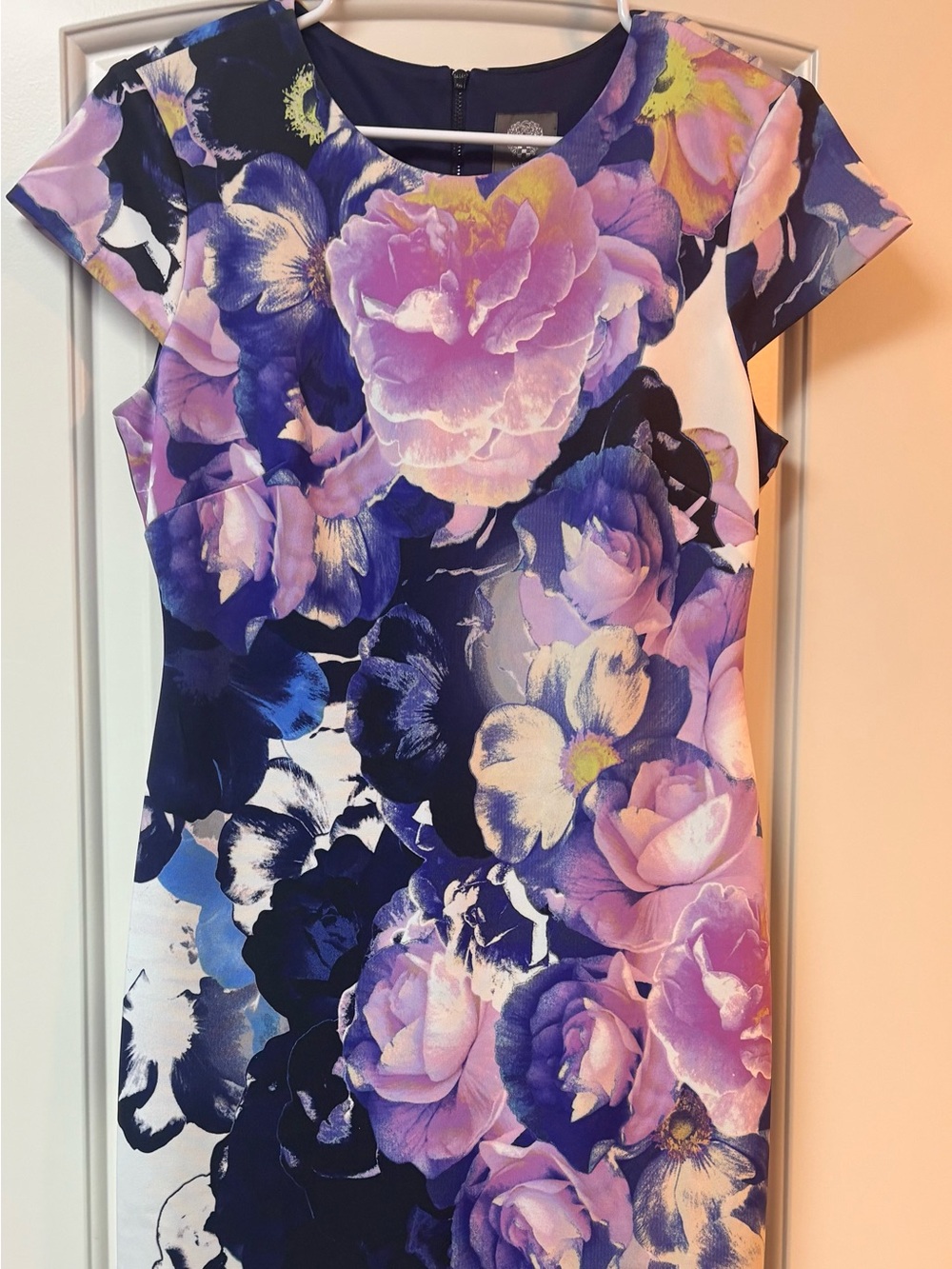 Vince Camuto Purple and Navy Floral Cap-Sleeve tea-length dress
